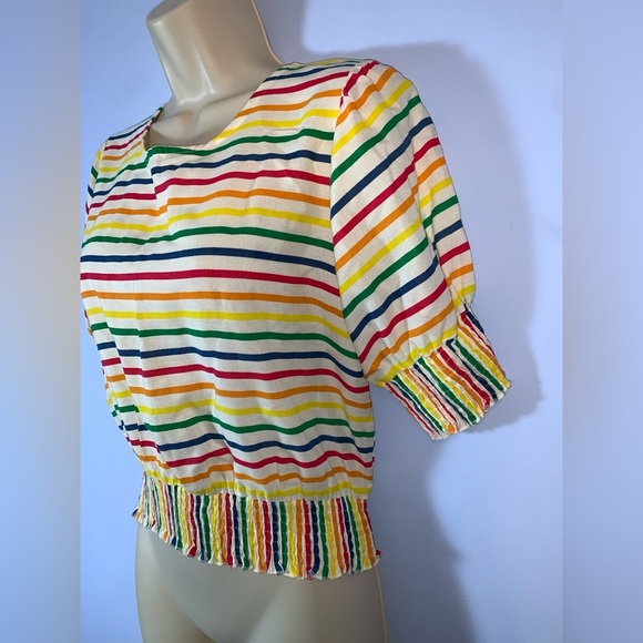 Compania fantastica rainbow Striped Multicolor Women smocked waist cropped top M - Picture 2 of 7
